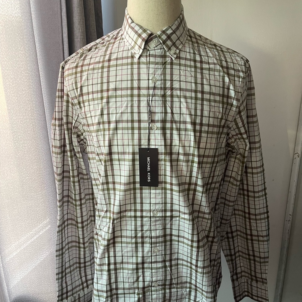 Michael Kors Brown Red and White Casual Button Down Shirt
